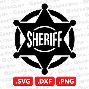 May include: A black and white sheriff badge design. The badge is a six-pointed star shape with a circular border. The word "SHERIFF" is in white, centered within the star. Below the badge are three red rectangles with the file type extensions .SVG, .DXF, and .PNG.