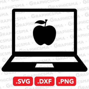 May include: Black and white silhouette of a laptop computer with a red apple icon on the screen. The laptop is on a white background with the text .SVG .DXF .PNG below the laptop.