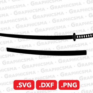 May include: Black silhouette of a katana sword with a diamond pattern on the handle and a matching scabbard. The image includes the text .SVG .DXF .PNG.