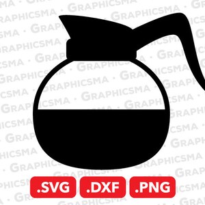 Pode incluir: Silhueta preta e branca de uma cafeteira com um bico e uma alça. A cafeteira está cheia de café. A imagem inclui o texto .SVG .DXF .PNG.