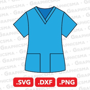 Könnte beinhalten: Ein hellblauer medizinischer Oberteil mit V-Ausschnitt und einer einzigen Tasche auf der Vorderseite. Das Oberteil hat einen schwarzen Umriss.