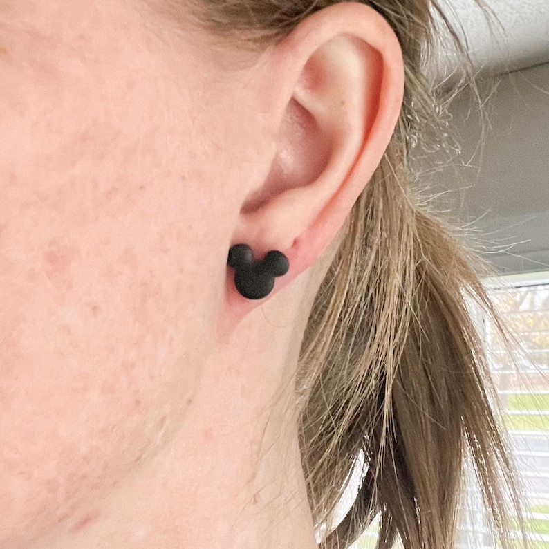 Small Mickey inspired black mouse stud earrings, hypoallergenic and made out of lightweight high-quality polymer clay.