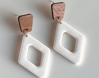 Minimalist Neutral Earring Gift for Best Friend Geometric Clay Dangle Earring Wood Post Lightweight Polymer Jewelry Hypoallergenic Boho
