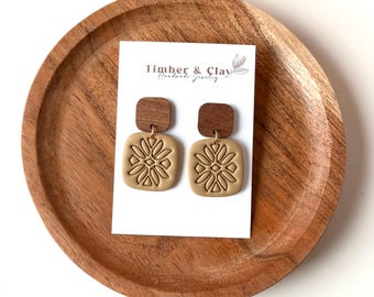 Lightweight Embossed Polymer Clay Square Dangle Boho Earring with Wooden Posts Unique Birthday Statement Gift for Her Sister