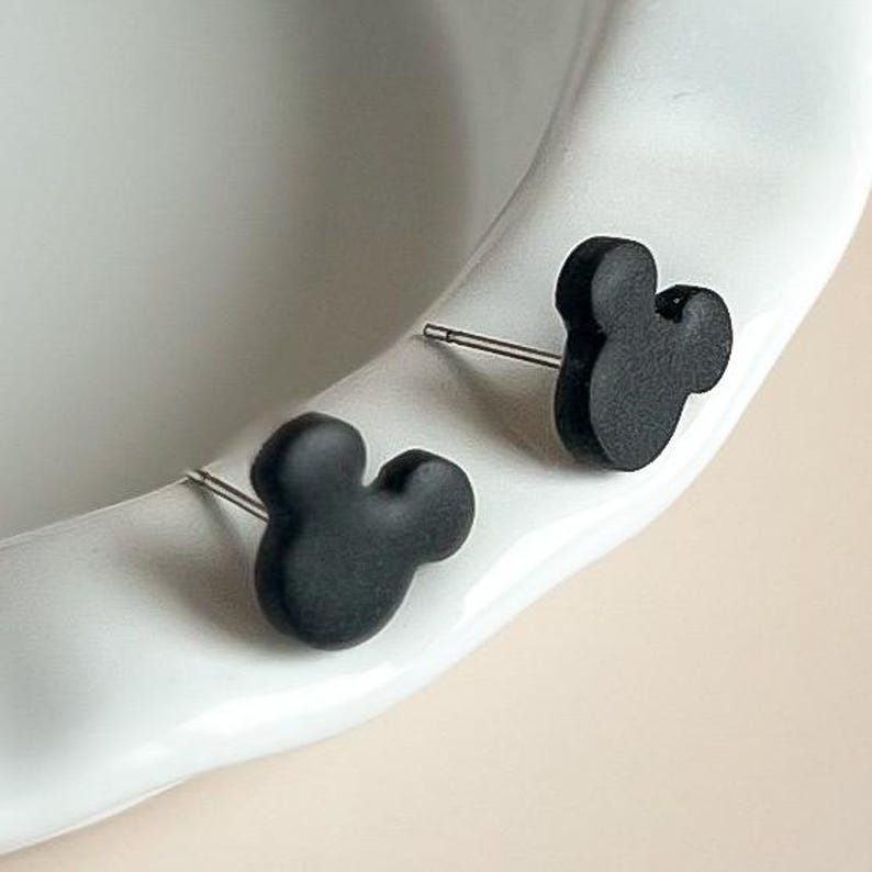 Small Mickey inspired black mouse stud earrings, hypoallergenic and made out of lightweight high-quality polymer clay.