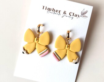 Lightweight Pencil Bow Earrings Hypoallergenic Polymer Clay Ideal Gift for Teachers Gold Post Jewelry