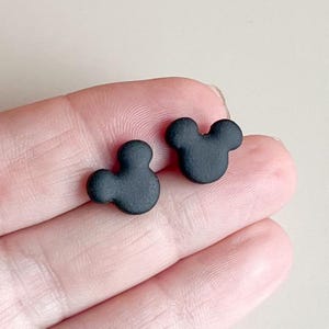 Small Mickey inspired black mouse stud earrings, hypoallergenic and made out of lightweight high-quality polymer clay.