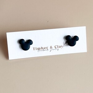 Small Mickey inspired black mouse stud earrings, hypoallergenic and made out of lightweight high-quality polymer clay.