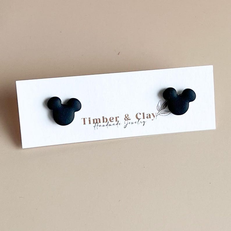 Small Mickey inspired black mouse stud earrings, hypoallergenic and made out of lightweight high-quality polymer clay.