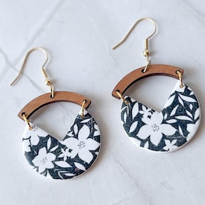 Floral Polymer Clay Dangle Earrings: Black & White Wood Arch