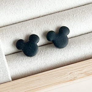 Small Mickey inspired black mouse stud earrings, hypoallergenic and made out of lightweight high-quality polymer clay.