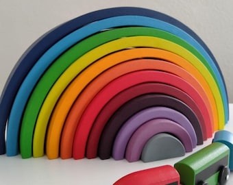 12pcs Large Wooden Rainbow Stacker Toy, Sunrise Colors, Waldorf Rainbow Stacker, Rainbow Wooden Puzzle, Nursery, Montessori Toys