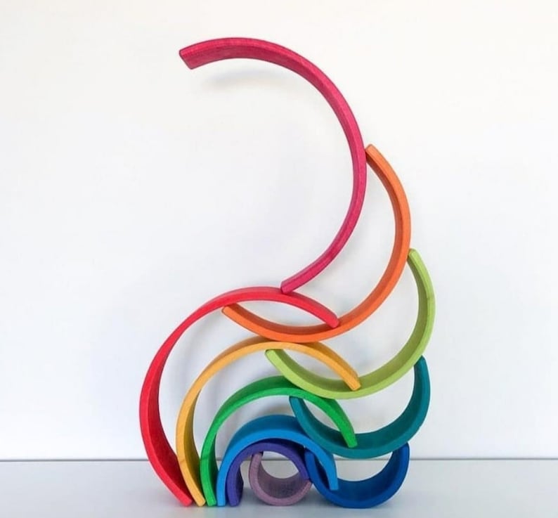 12pcs Large Wooden Rainbow Stacker Toy Sunset Colors Waldorf image 6