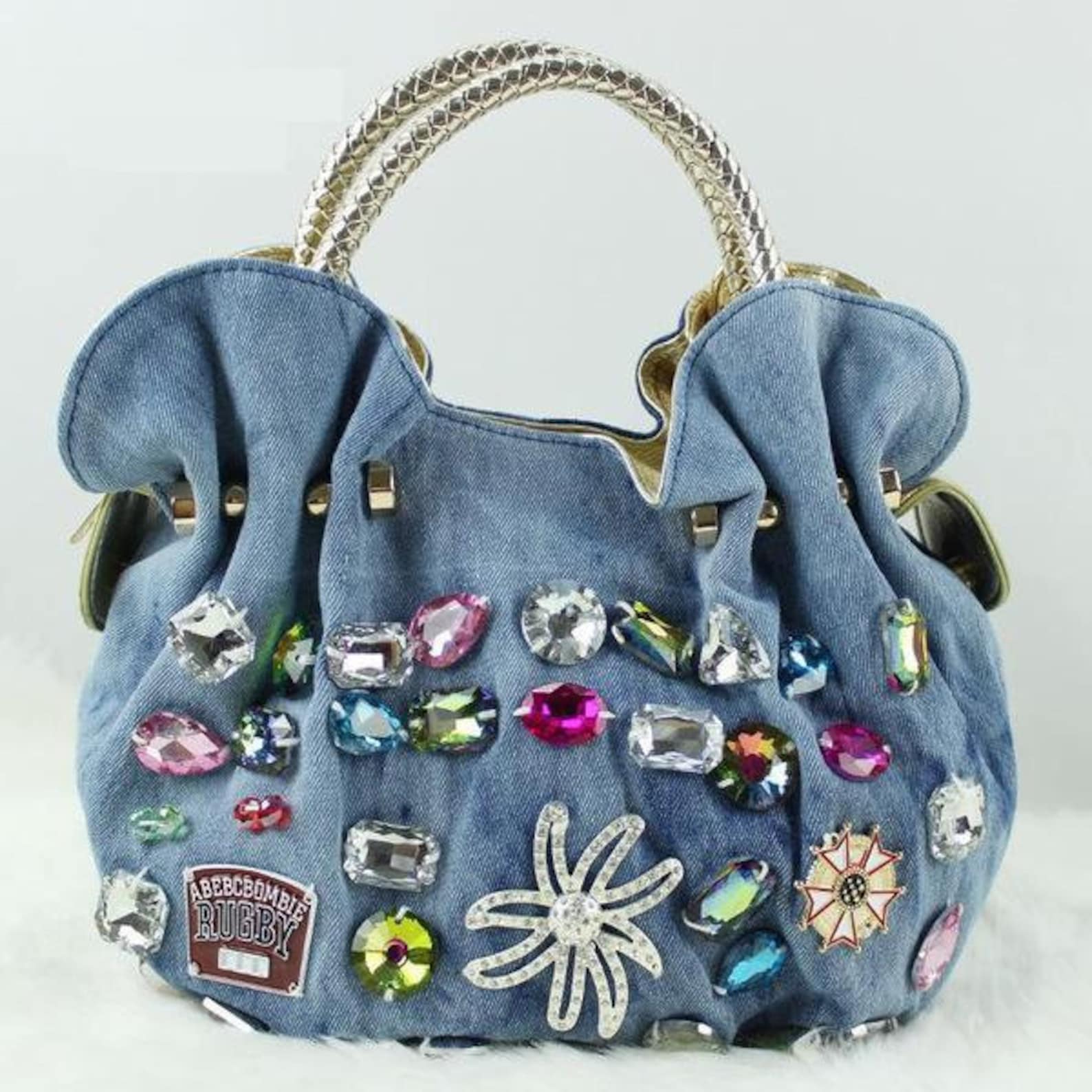 Denim handbag denim rhinestones handbag beads handbag Etsy