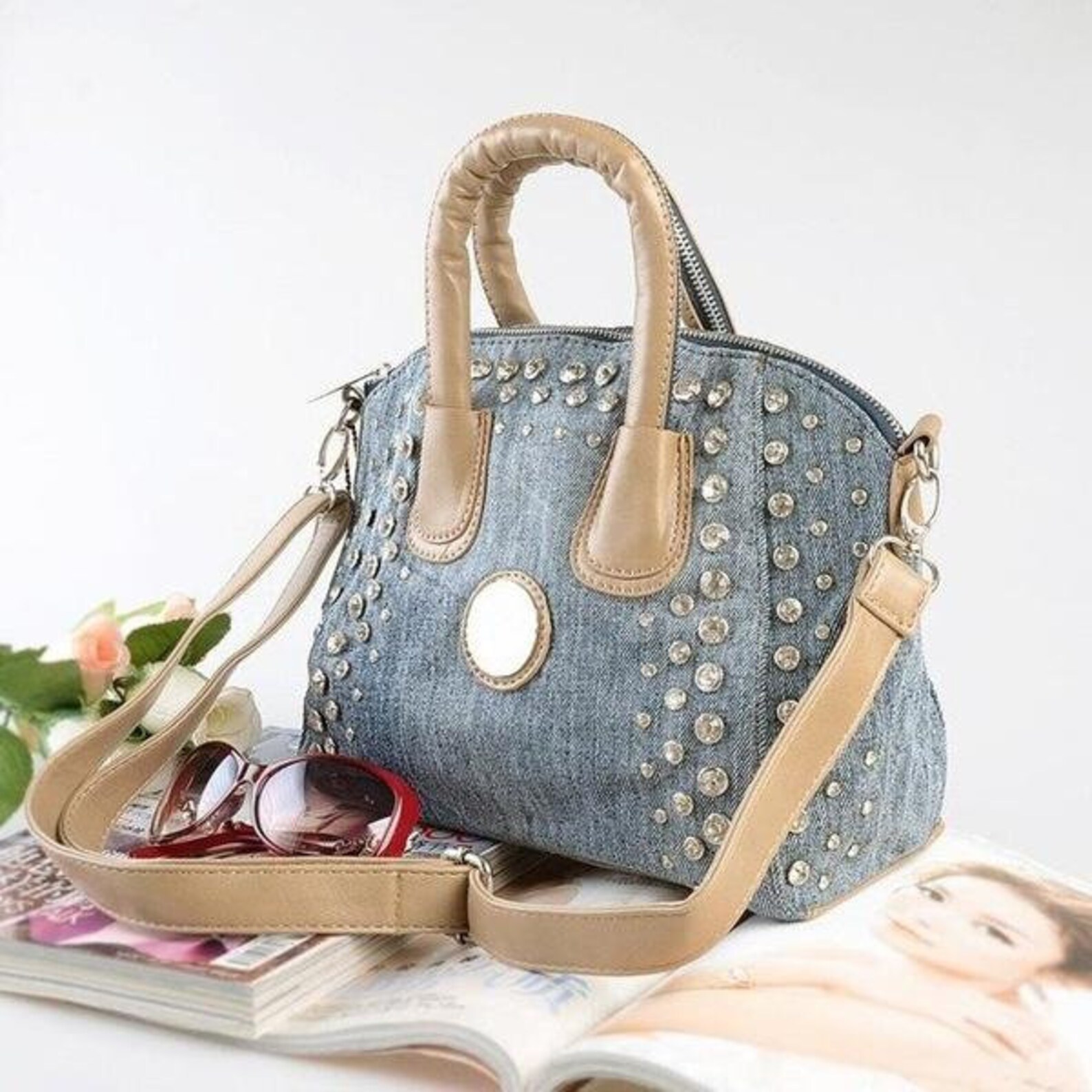 Denim handbag denim rhinestones handbag beads handbag Etsy