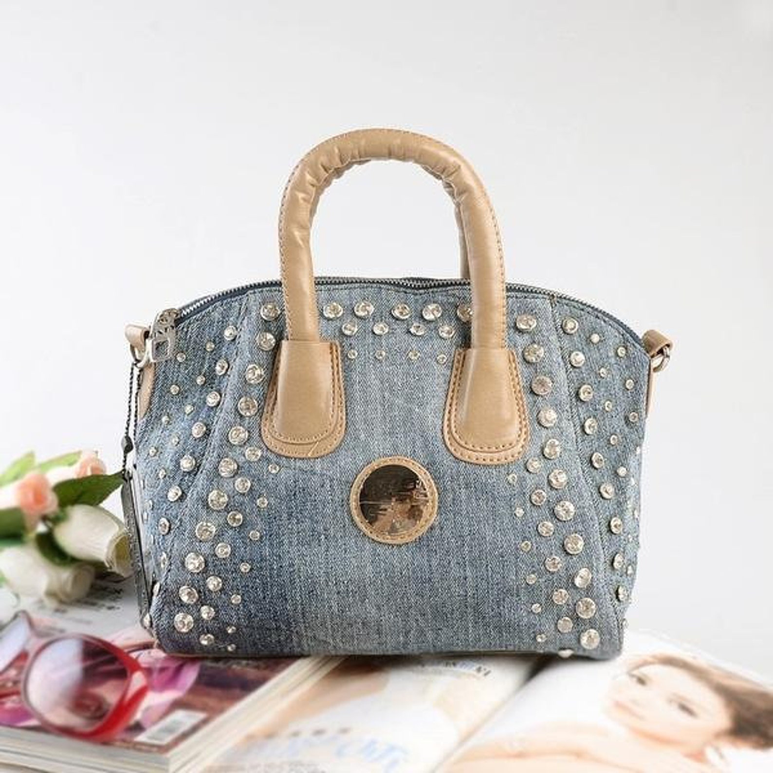 Denim handbag denim rhinestones handbag beads handbag Etsy