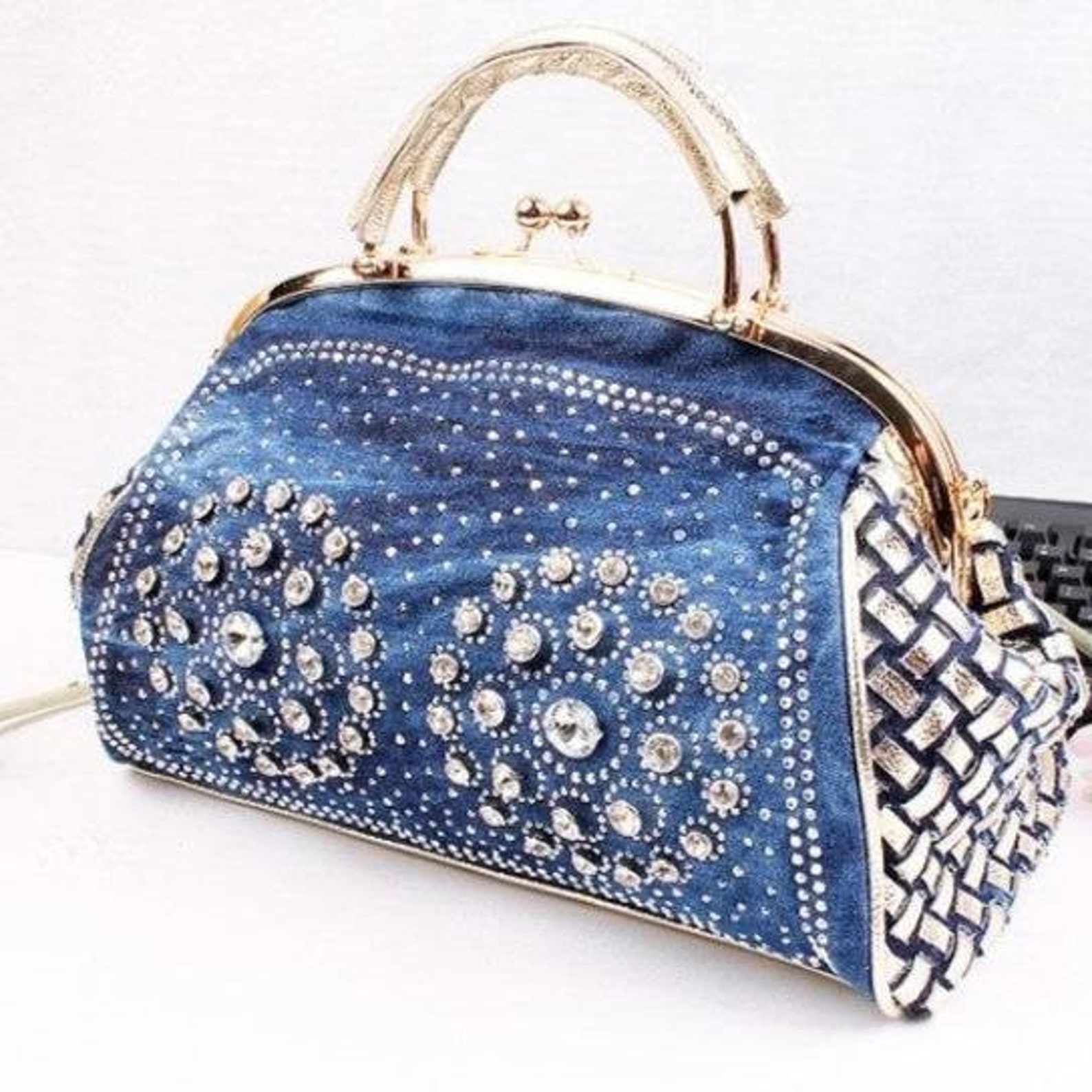 Denim Handbag for Women Bling Rhinestone Purses Jeans Etsy