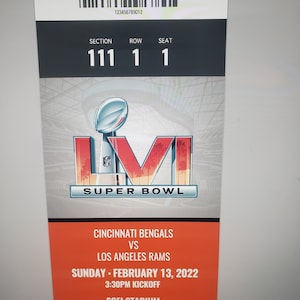 Super Bowl LVI 56 Gedenkkarte Stub mit Halterung - LA Rams vs Bengals - SOFI Stadion!  Bengalische Farben!