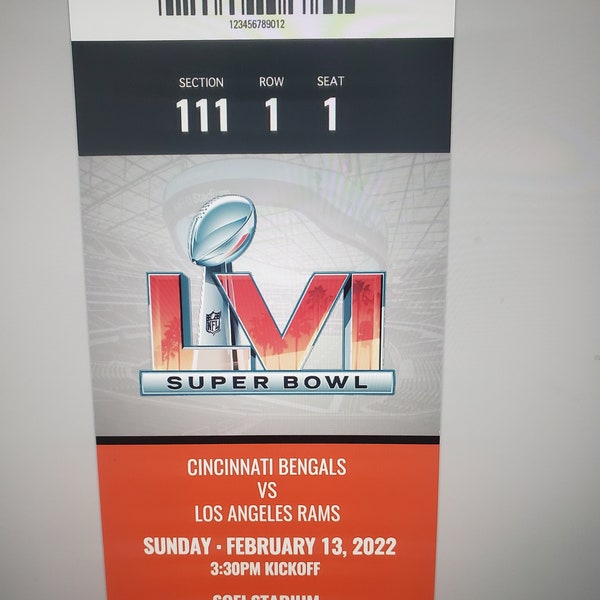 Super Bowl LVI 56 Commemorative Ticket Stub avec détenteur - LA Rams vs Cincinnati Bengals - SOFI Stadium!  Couleurs des Bengals!