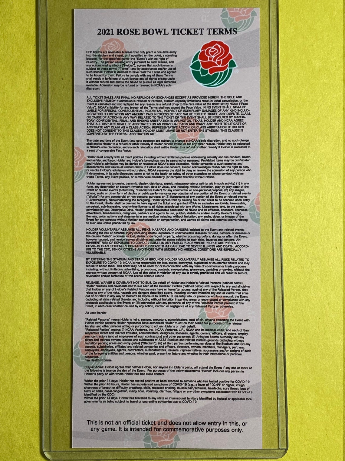 2021 College Football Semifinal Rose Bowl Commemorative Ticket Stub