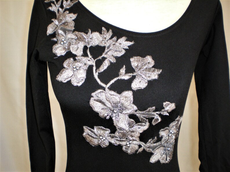 BlackSilver applique and pearl embellished leotard