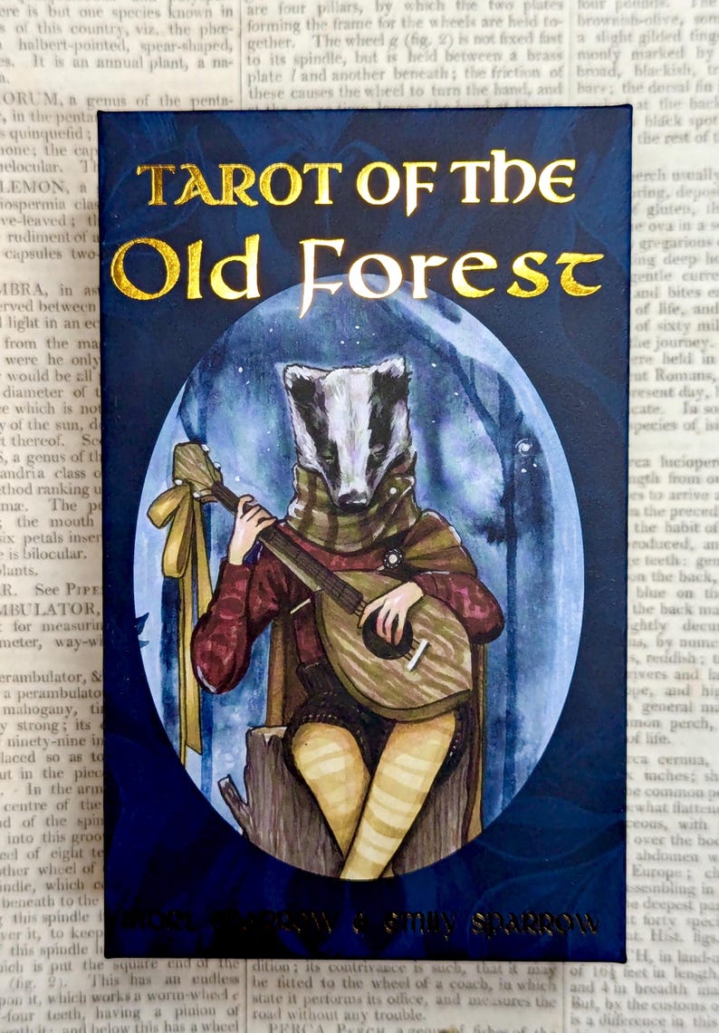 May include: A tarot card from the "Tarot of the Old Forest" deck, featuring a badger playing a lute. The card has a blue background with a full moon and stars. The badger is wearing a brown scarf and a red shirt. The card is surrounded by a gold border with the text "Tarot of the Old Forest" and "A very sparrow".