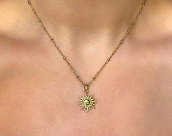 Gold-tone Sun Pendant Necklace, Bohemian Jewelry, Hippie Celestial, Gift for Her