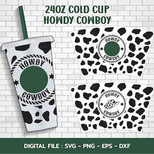 Howdy Cowboy Country Western Hat Cow Pattern Svg, 24oz Cold Cup Svg, Venti Full Wrap Svg, Cricut Files, svg, png, eps, dxf, Download