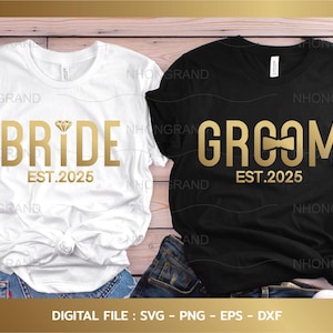Noiva est.2025 e noivo est.2025 casal com gravata diamante dourada, chá de panela svg, camiseta, arquivos Cricut, svg, png, eps, dxf, baixar