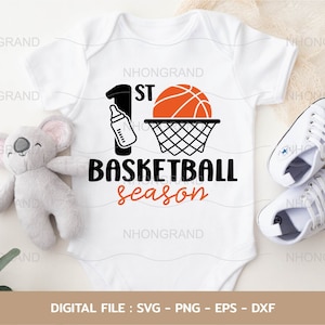 1e eerste basketbalseizoen voor baby pasgeborenen met baby Melkflessen cutie, lover gift t-shirt, Cricut Files, svg, png, eps, dxf, Download