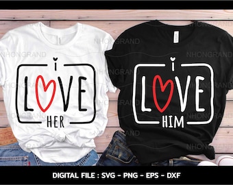 May include: Two t-shirts with a graphic design of a heart and the text "I Love" in a white box. One shirt is white with the text "Her" and the other is black with the text "Him".