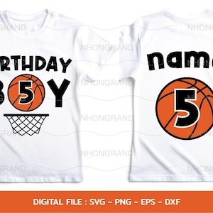 5e anniversaire de basket-ball de garçon pour le nom avec cerceau de basket-ball Sport enfants, chemise devant dos, fichiers Cricut, svg, png, eps, dxf, téléchargement