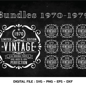 May include: A black and white graphic design with the text "Bundles 1970-1979" at the top. A large vintage logo with the text "Limited Edition Vintage" and "All Original Parts Aged to Perfection" is in the centre. Ten smaller vintage logos with the text "Limited Edition Vintage" and the years 1970-1979 are arranged in three rows below the large logo.
