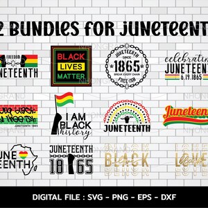 Może przedstawiać: Dwunastu pakietów projektów cyfrowych na Juneteenth, święto obchodzące emancypację zniewolonych Afroamerykanów. Projekty zawierają różne teksty i obrazy, w tym słowa "Juneteenth", "Black Lives Matter", "I Am Black History" i "Celebrating Juneteenth".