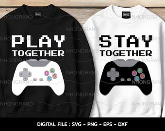 May include: Two black and white sweatshirts with a pixelated graphic of a video game controller and the text "Play Together" and "Stay Together".