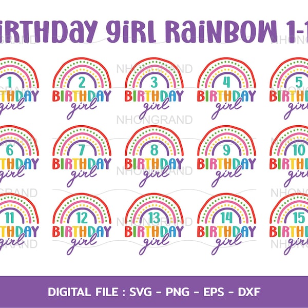 birthday girl with rianbow cutie girl number 1-15years, lover gift t-shirt, Cricut Files, svg, png, eps, dxf, Instant Download