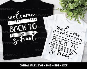 May include: Two black and white t-shirts with the text "Welcome Back To School" and a ruler and pencil graphic.