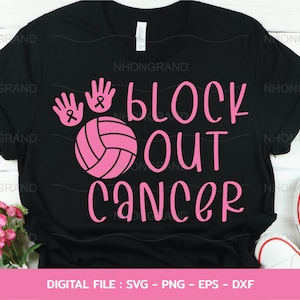 Pu&ograve; includere: Maglietta nera con una pallavolo rosa, due mani rosa con nastri rosa e il testo "Block Out Cancer".