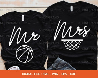 May include: Two black t-shirts with white text and graphics. The shirt on the left says "Mr." with a basketball graphic. The shirt on the right says "Mrs." with a basketball hoop graphic.