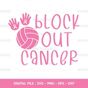 Pu&ograve; includere: Una pallavolo rosa con un nastro rosa e due mani rosa con nastri rosa. Il testo "Block Out Cancer" &egrave; scritto in rosa.