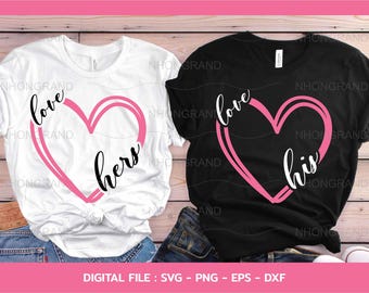 May include: Two white and black t-shirts with a pink heart design. The white shirt says "love hers" and the black shirt says "love his".