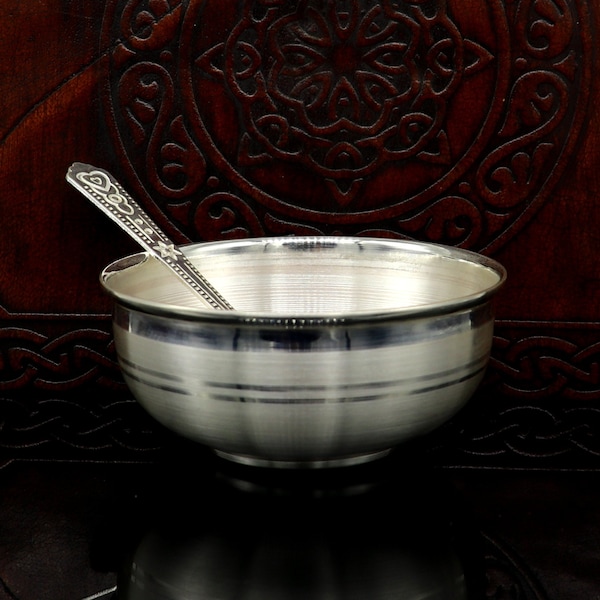 999 pure silver handmade solid bowl and spoon silver tumbler gifting silver utensils or silver vessel, silver puja article india sv105