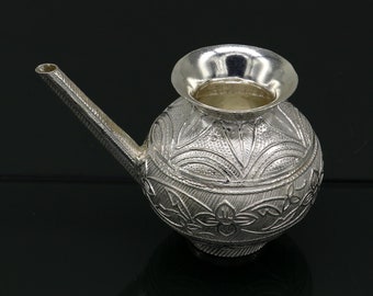 925 sterling silver handmade vintage designer water/milk kalash, excellent puja article from India. silver puja utensils with nozzle, su163