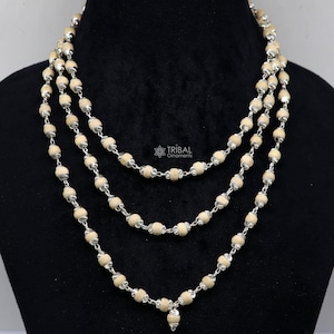 54" 108 Beads 925 Sterling silver handmade basil rosary beads chain necklace, best meditation or mantra chanting chain necklace ch237