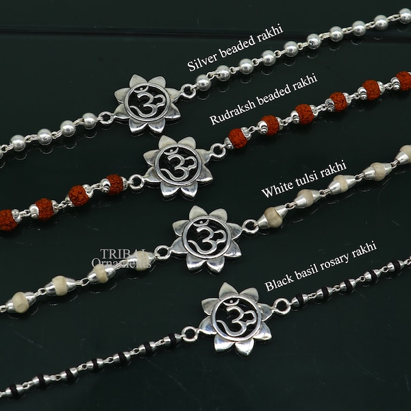 925 sterling silver handmade flower Aum OM design Rakhi bracelet amazing Rudraksha or Tulsi beaded bracelet, use as daily use jewelry rk190