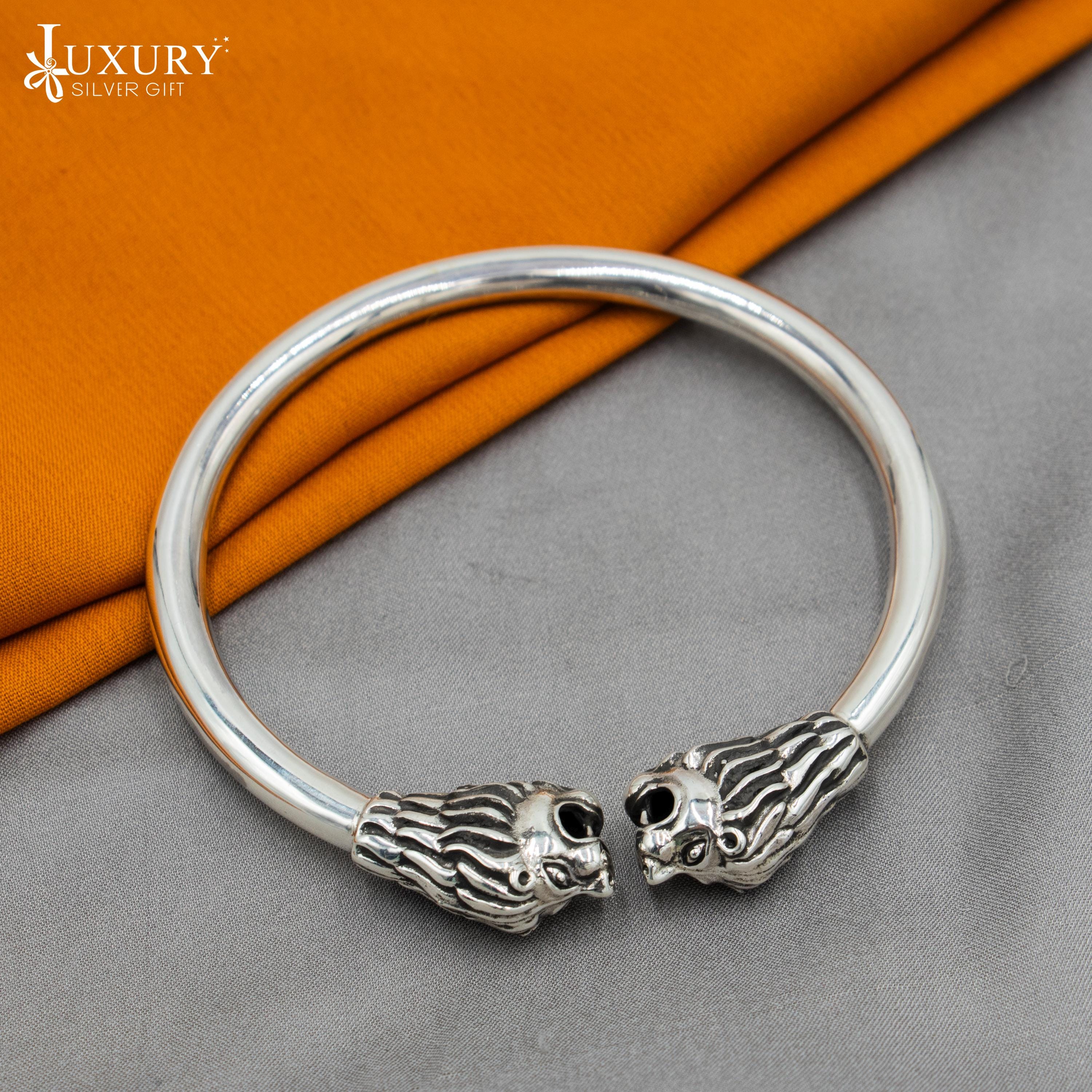 925 Sterling Silver Handmade Lion Face Design Plain Bangle