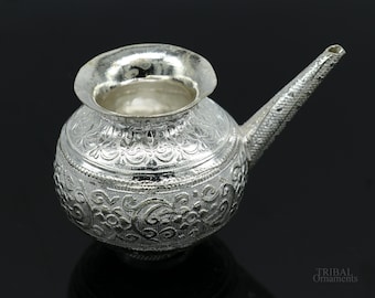 925 sterling silver handmade vintage designer water/milk kalash, excellent puja article from India. silver puja utensils with nozzle su610