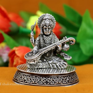 Divine Goddess Sarashwati statue 925 sterling silver handmade sculpture Sharda figurine,corporates gift,Diwali puja temple article  art219