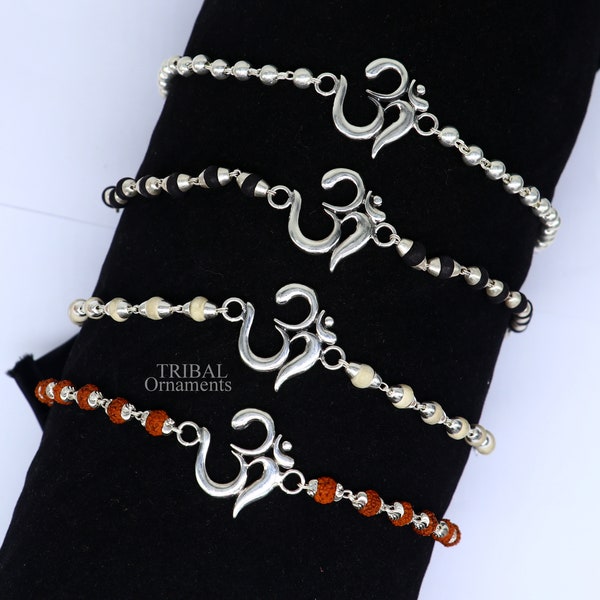 925 sterling silver handmade Mantra Aum OM design Rakhi bracelet amazing Rudraksha or Tulsi beaded bracelet, use as daily use jewelry rk189