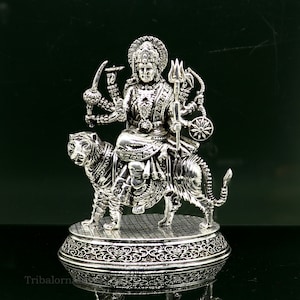 925 Sterling silver handmade customized vintage Hindu Goddess Durga or Bhawani maa statue, puja article figurine, home decor utensils art33